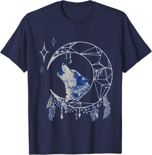 Wolf Moon Howling Wolf Indian Feathers Stars Dream Catcher T-Shirt - T-Shirt | Navy