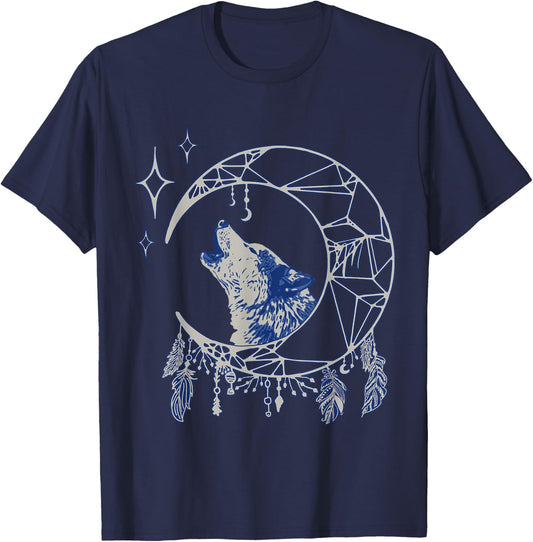 Wolf Moon Howling Wolf Indian Feathers Stars Dream Catcher T-Shirt - T-Shirt | Navy