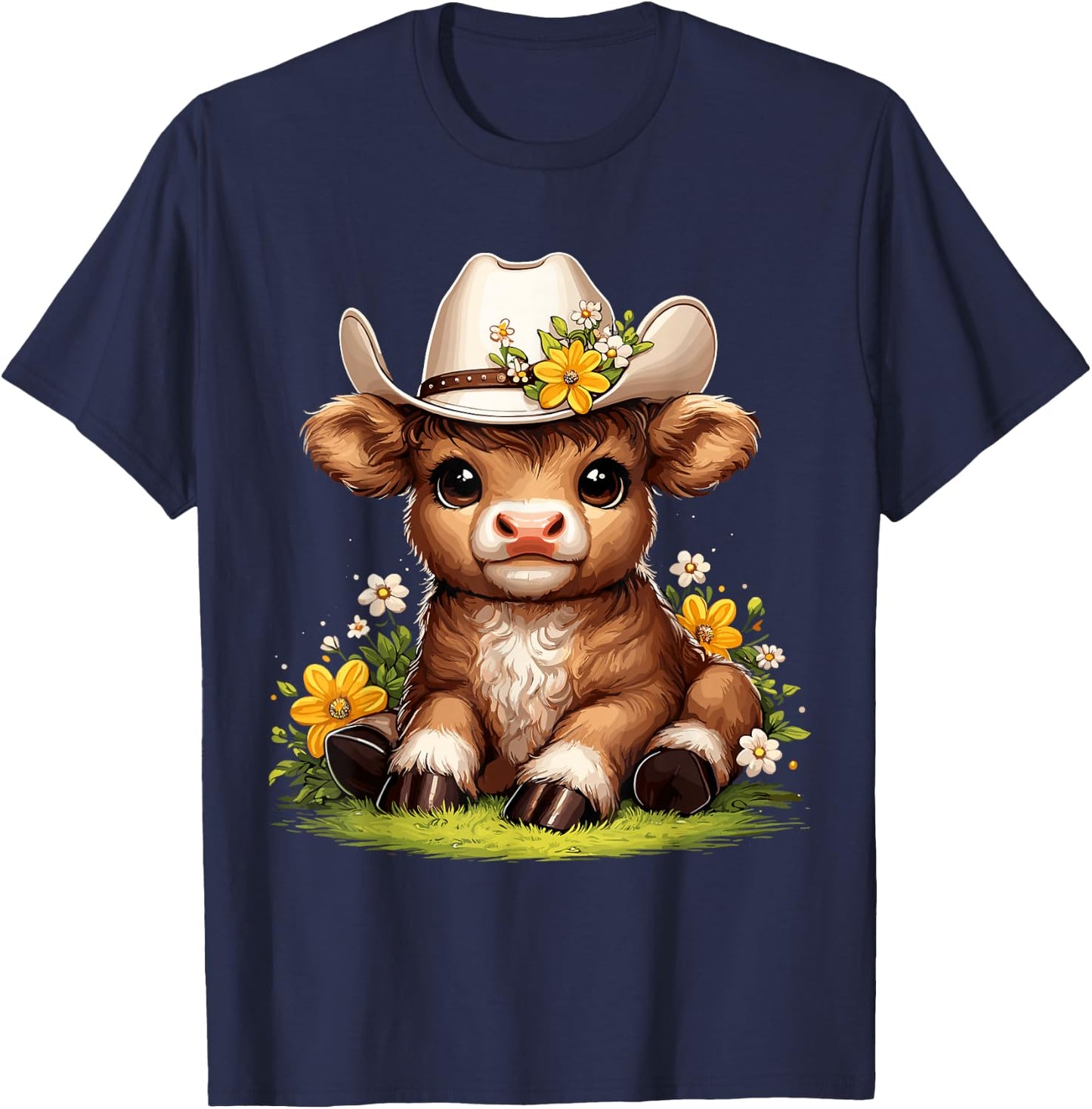 Scottish Highland Cow Flowers Cattle Hairy Cow T-Shirt - T-Shirt | Navy