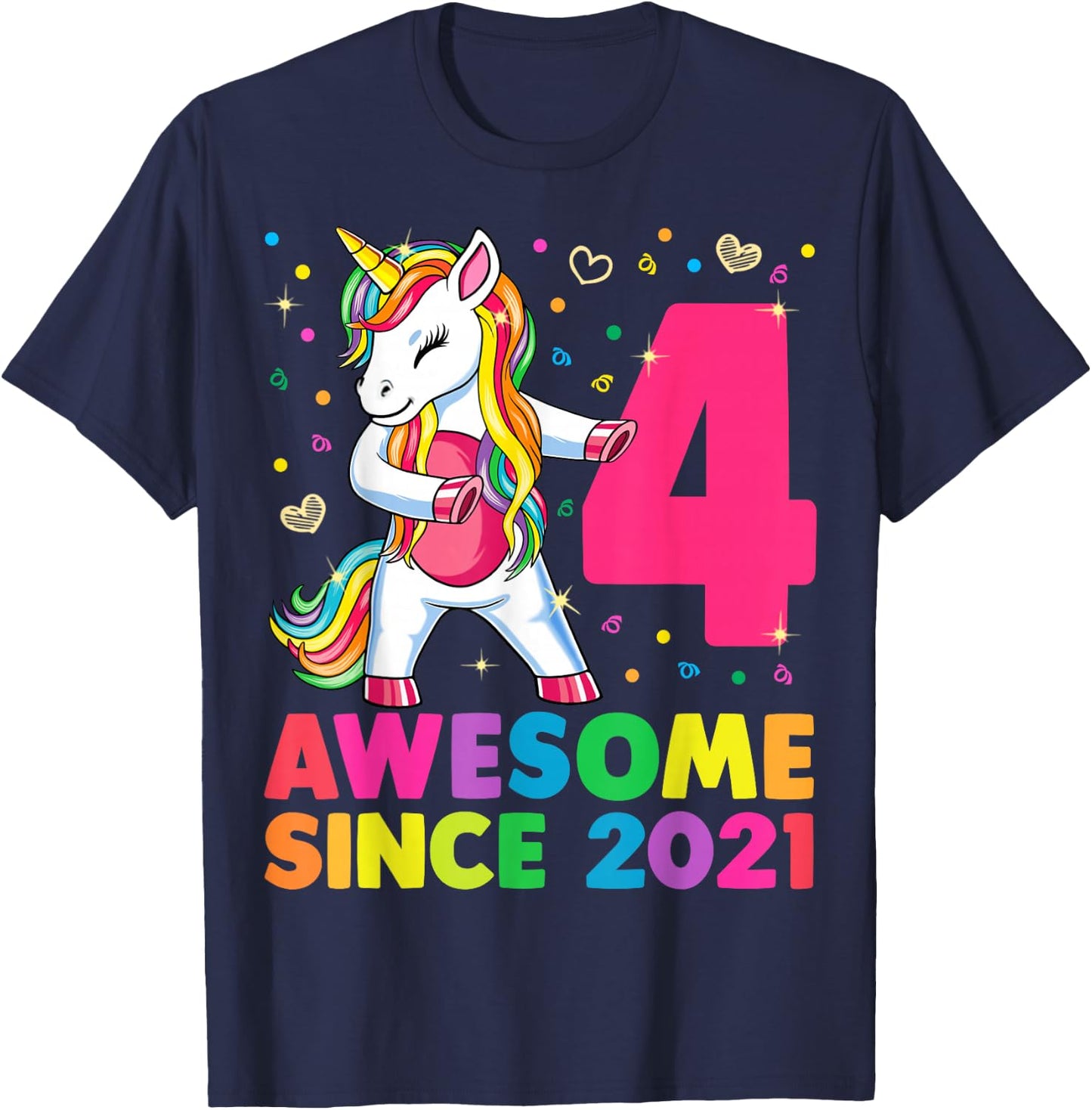 4 Years Old Unicorn Flossing 4th Birthday Girl Unicorn Party T-Shirt - T-Shirt | Navy