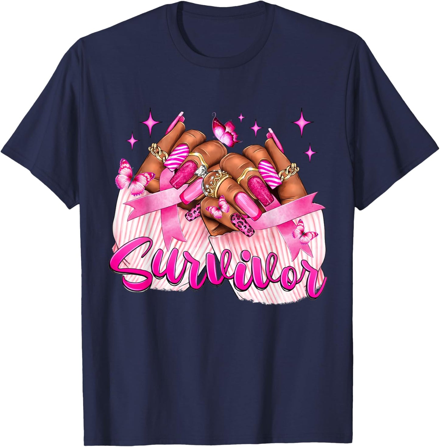 Breast Cancer Survivor Awareness Black Woman Nails Pink T-Shirt - T-Shirt | Navy