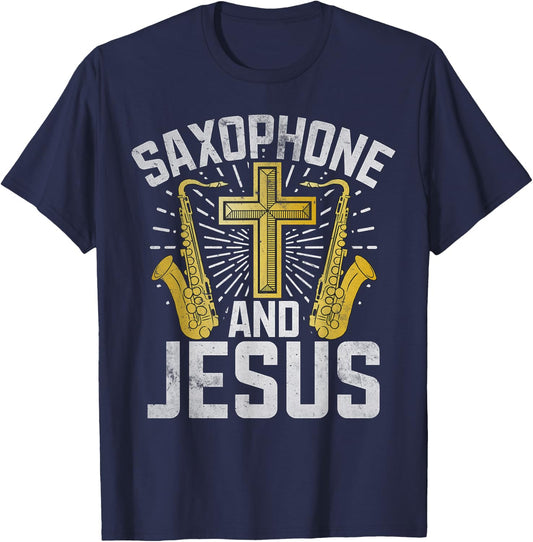 Saxophone and Jesus Saxophone T-Shirt - T-Shirt | Navy
