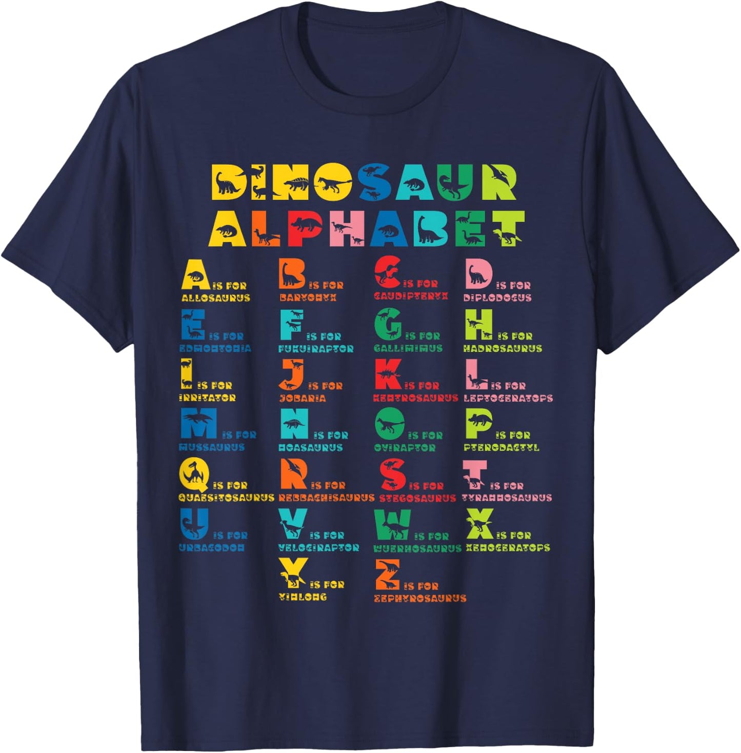 Types Of Dinosaurs Alphabet A-Z ABC Dino Identification kids T-Shirt - T-Shirt | Navy