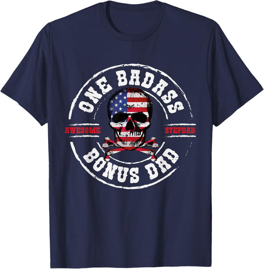 One Badass Bonus Dad Awesome Stepdad Funny Skull Fathers Day T-Shirt - T-Shirt | Navy
