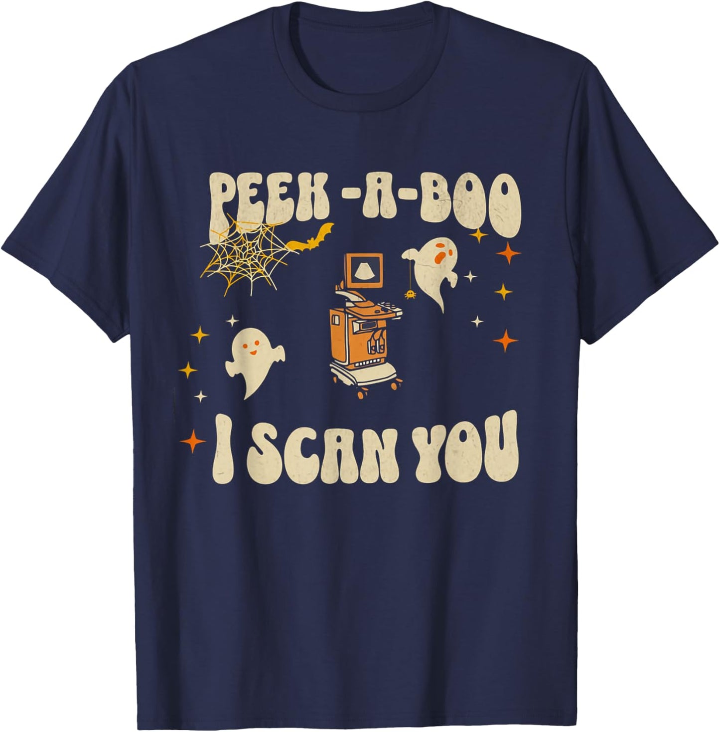Retro Ultrasound Peek-A-Boo Halloween Ghost Sonography Crew T-Shirt - T-Shirt | Navy