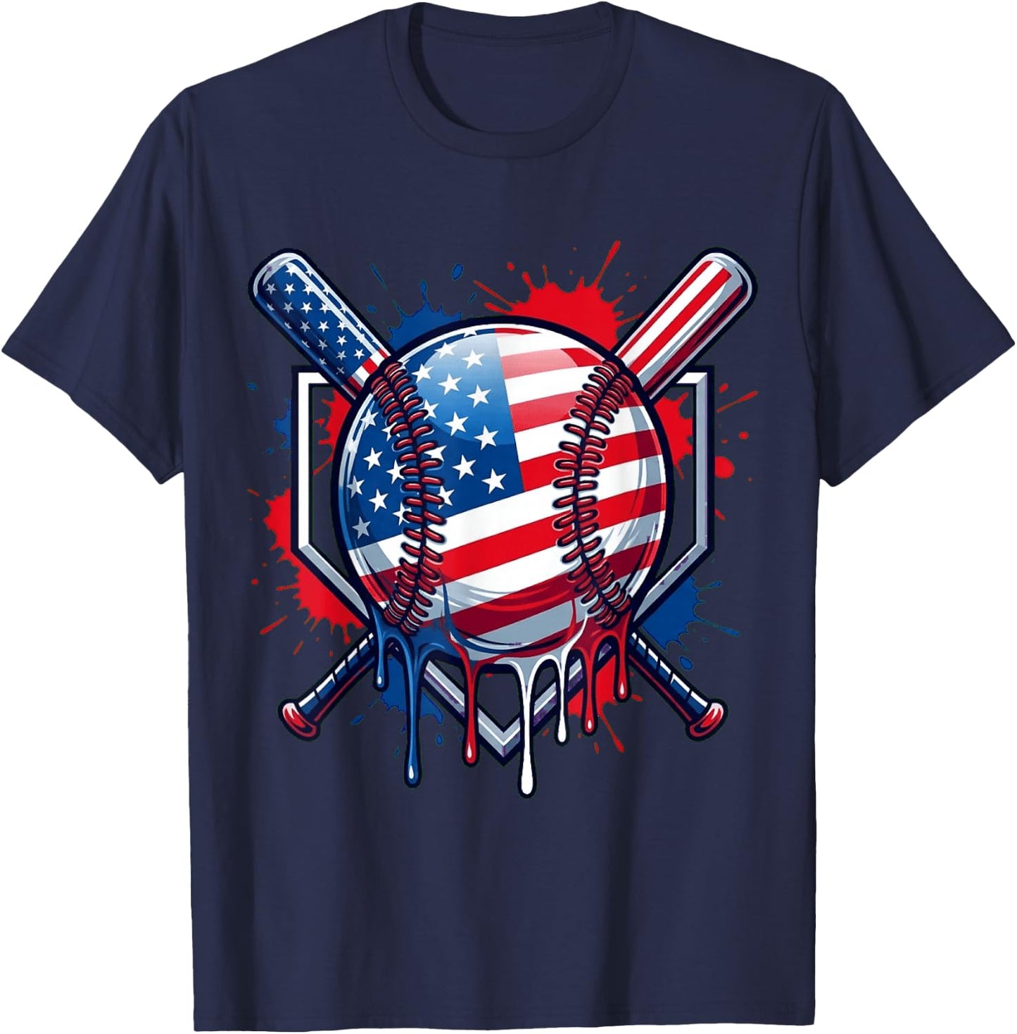 Baseball Drip American Flag Men Women Kids Youth 4th of July T-Shirt - T-Shirt | Navy