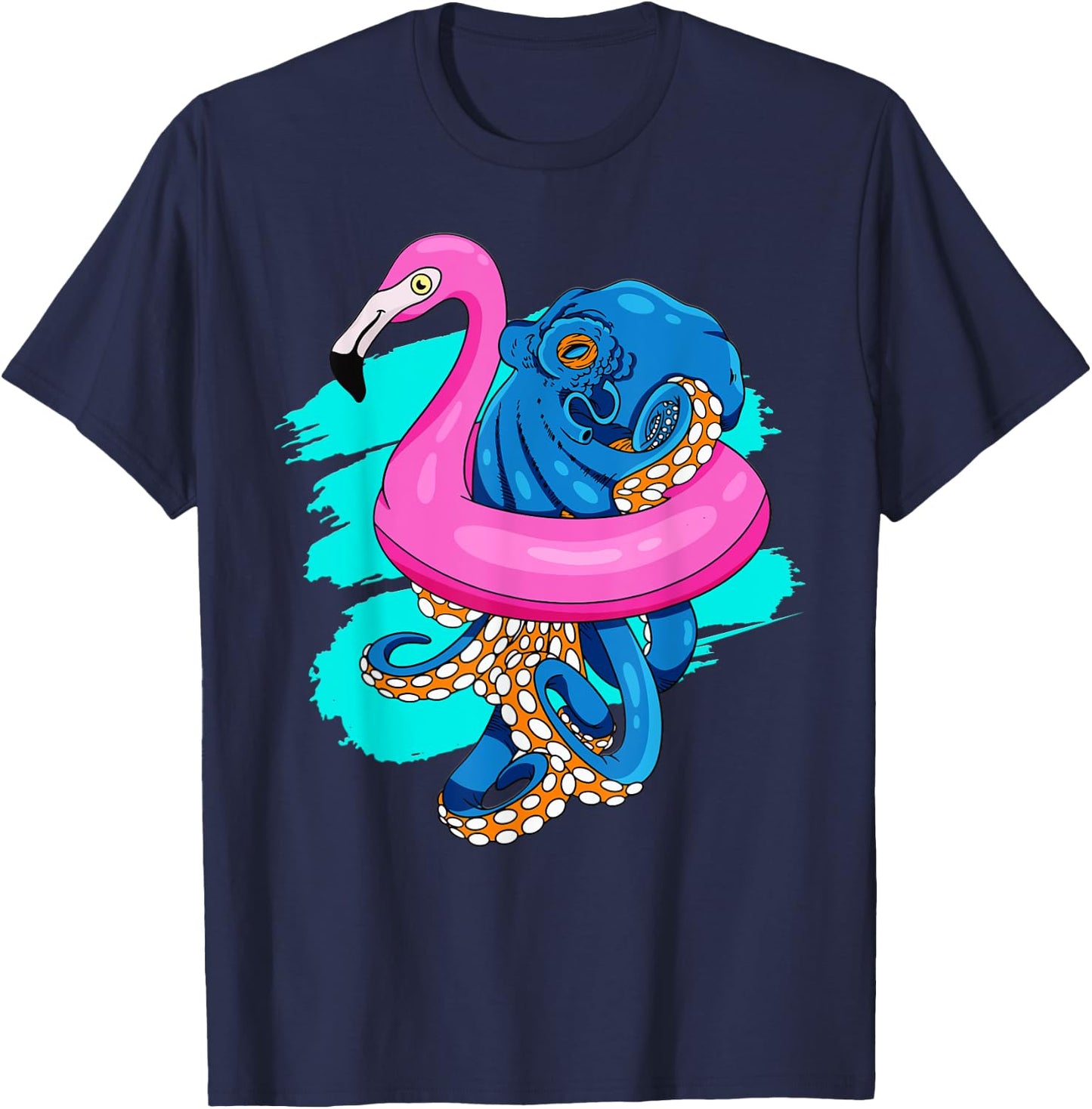 Blue Octopus In Pink Flamingo Swimming Pool Fun Octopus T-Shirt - T-Shirt | Navy