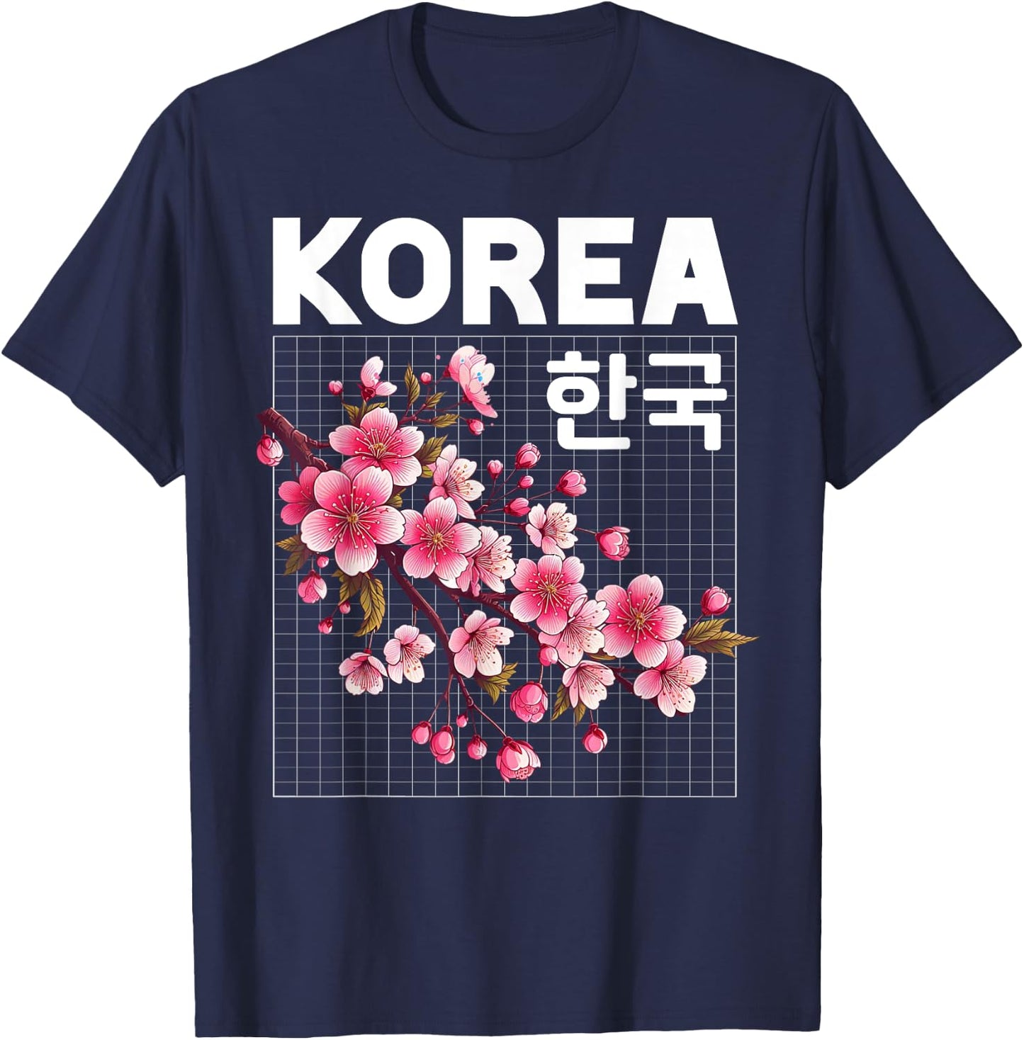 Korea Cherry Blossom Flowers Hangul Letters Grid Aesthetic T-Shirt - T-Shirt | Navy