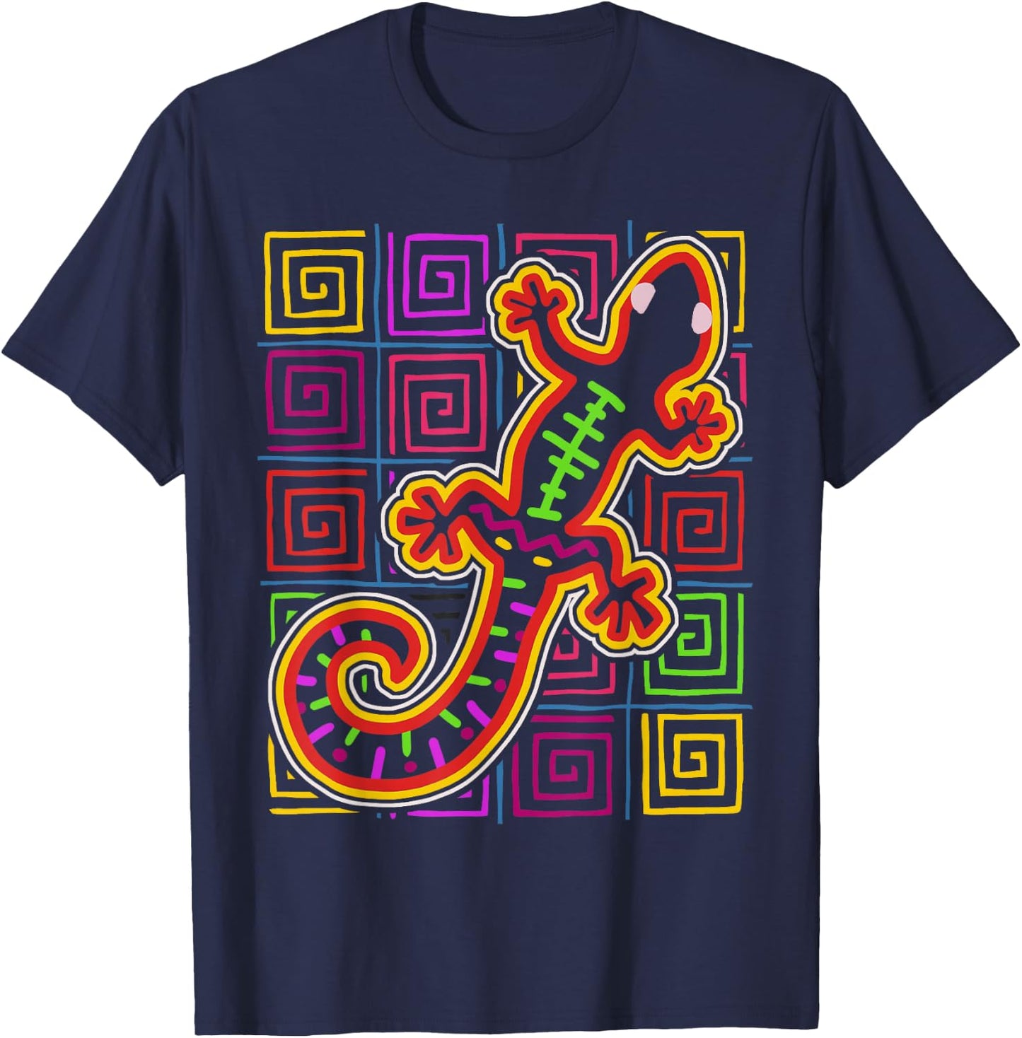 Gecko Lizard Mola Art by Panama Kuna Tribe T-Shirt - T-Shirt | Navy