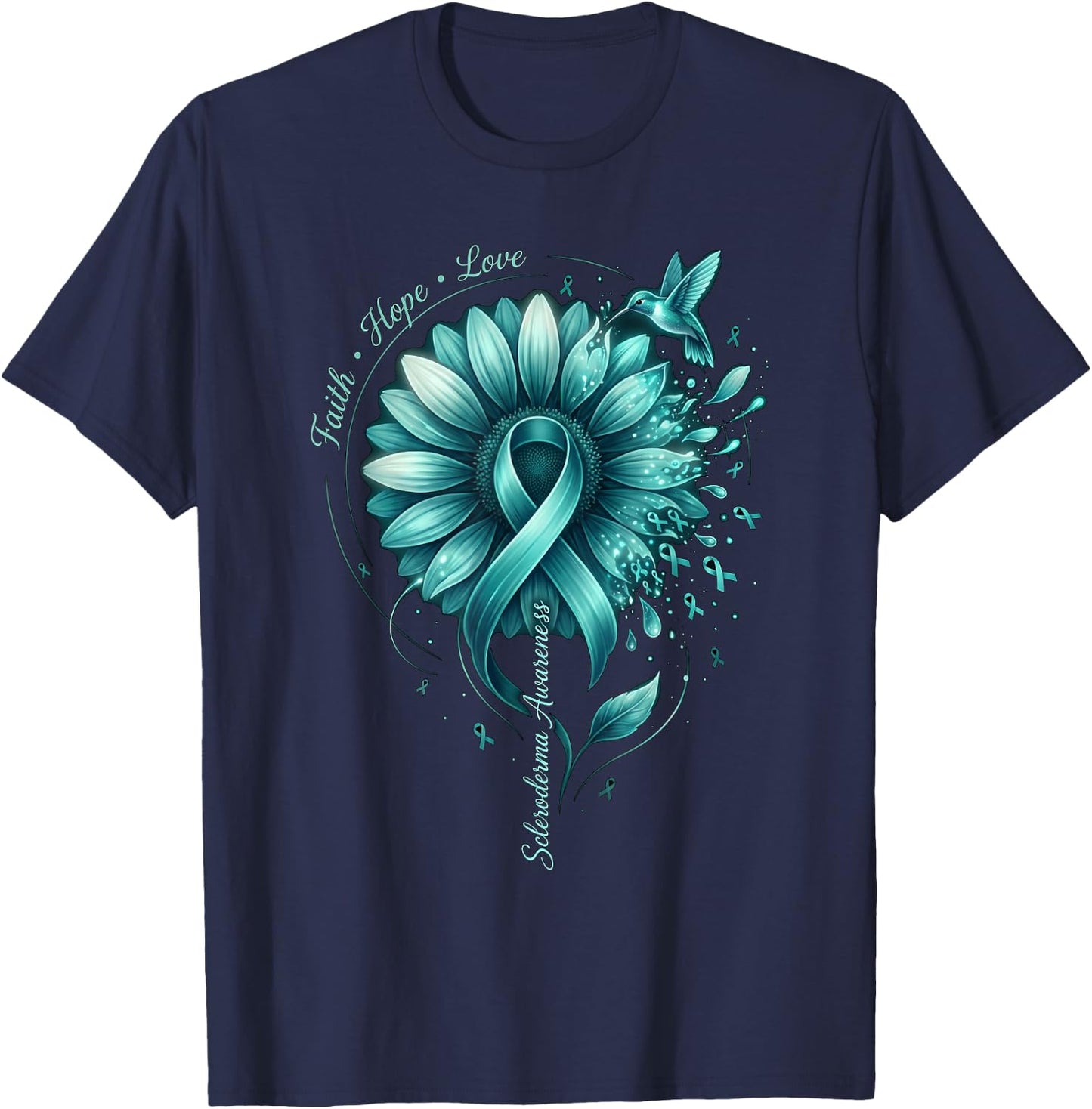Teal Ribbon Hummingbird Scleroderma Awareness Sunflower T-Shirt - T-Shirt | Navy