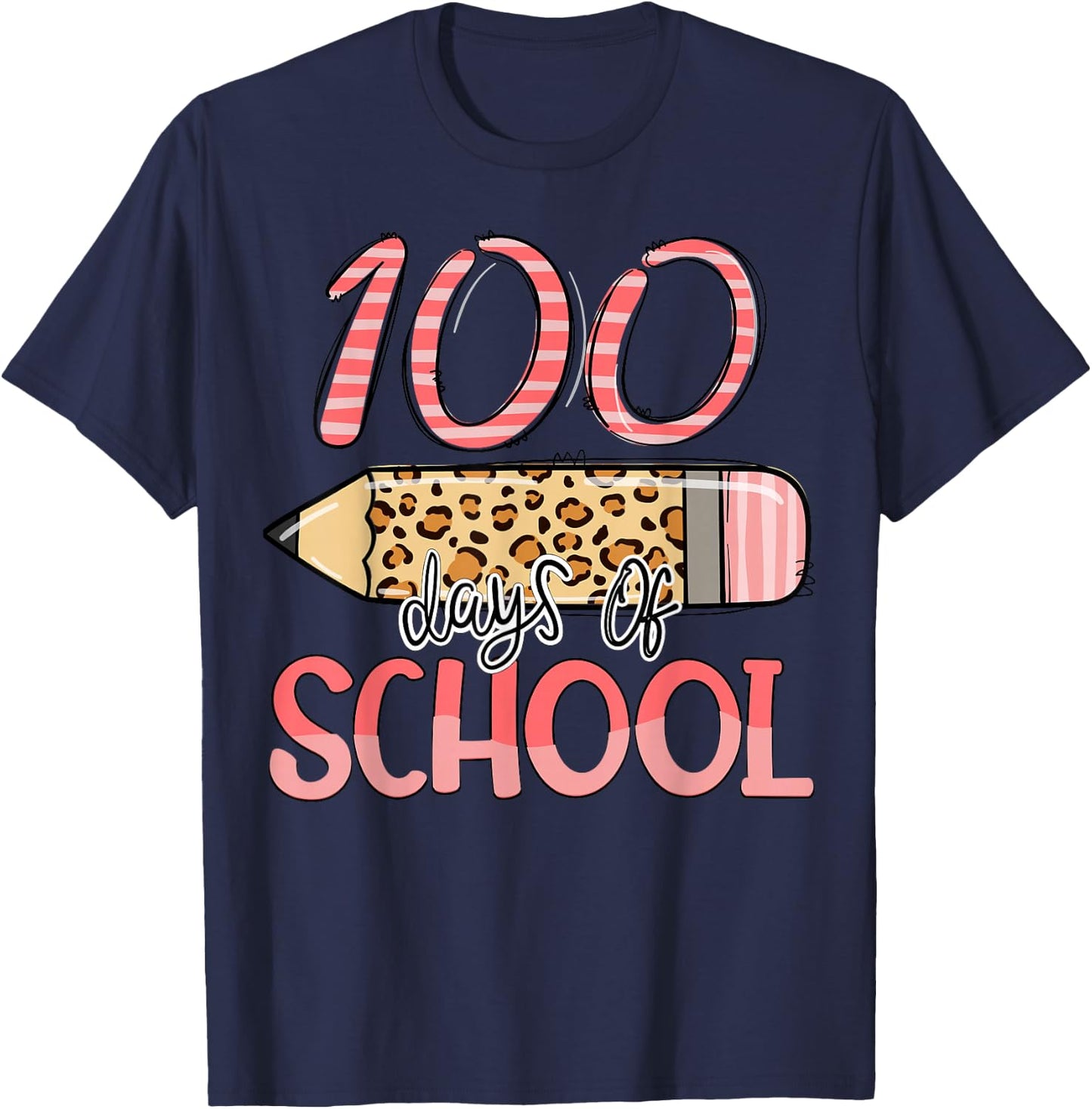 100 Days Of School Leopard Teacher Kids 100th Day Of School T-Shirt - T-Shirt | Navy