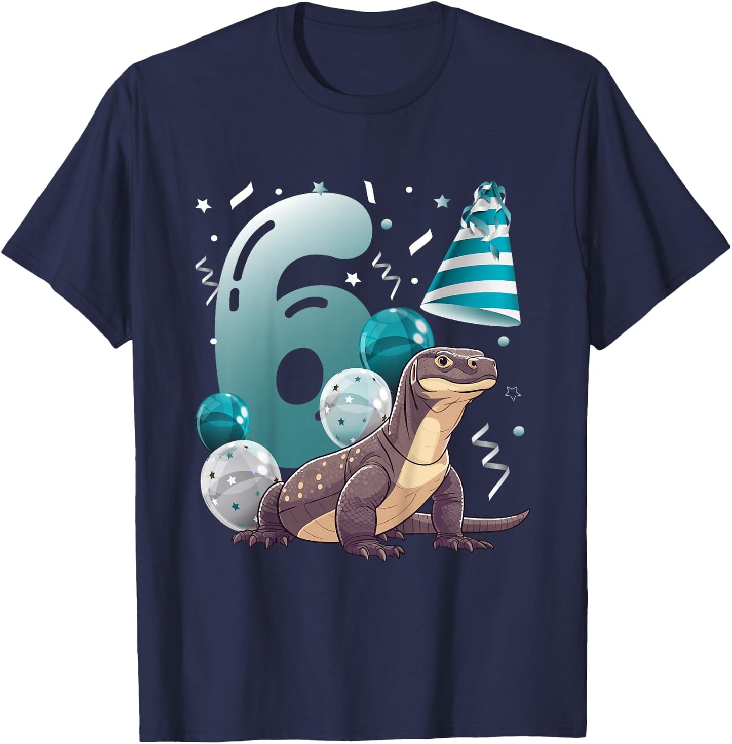 Kids 6th Komodo Dragon Birthday Party Six Year Old Komodo Dragon T-Shirt - T-Shirt | Navy