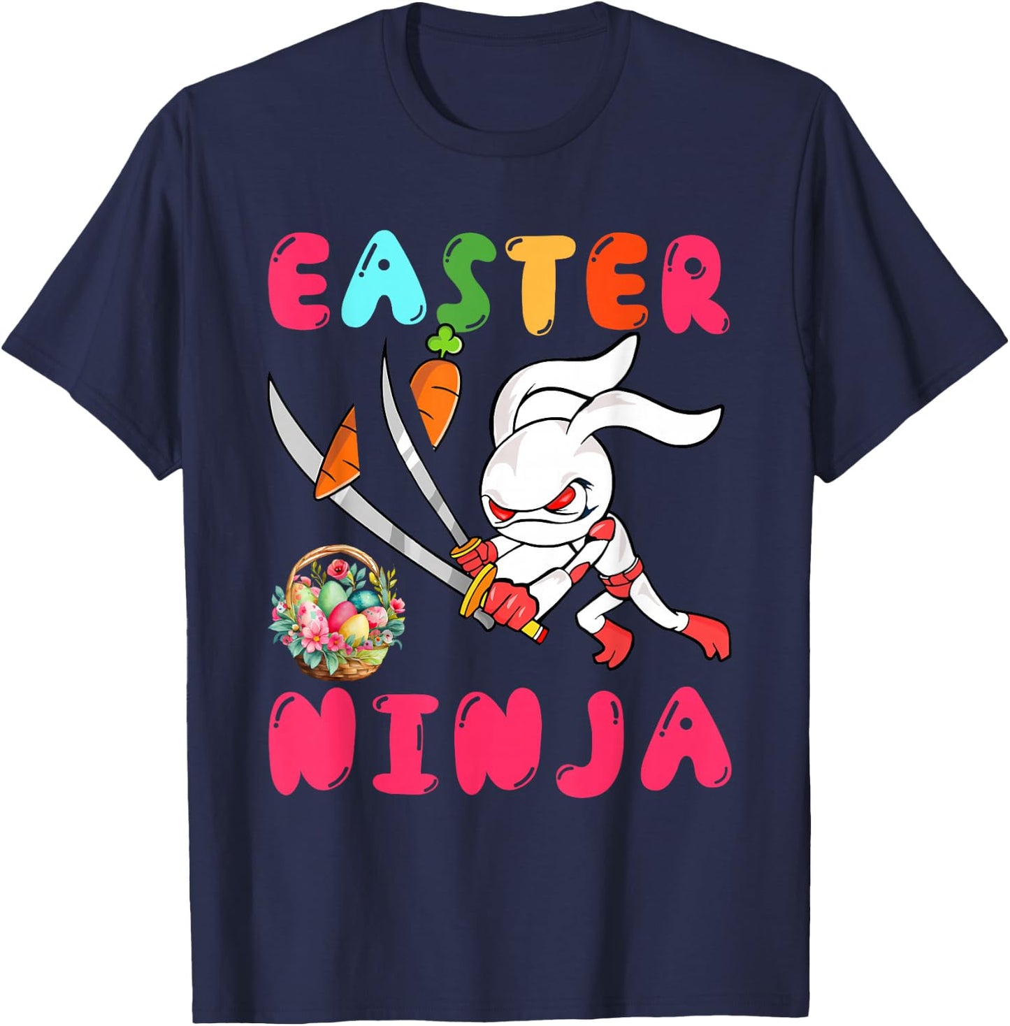Easter Ninja Cute Bunny With Eggs Basket Costume Ninja Lover T-Shirt - T-Shirt | Navy
