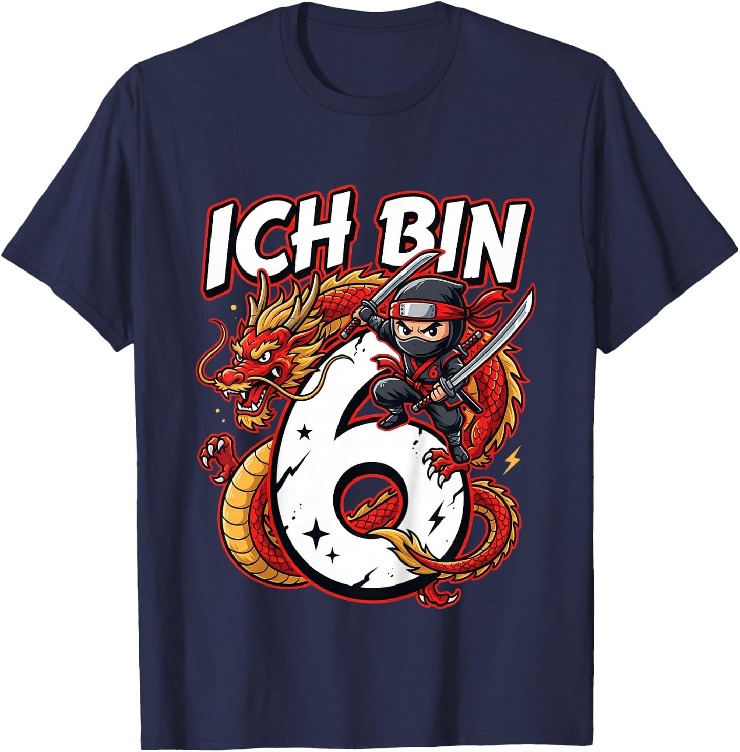 Cooler Ninja Geburtstag für Jungen mit Drache 6 Jahre T-Shirt - T-Shirt | Navy