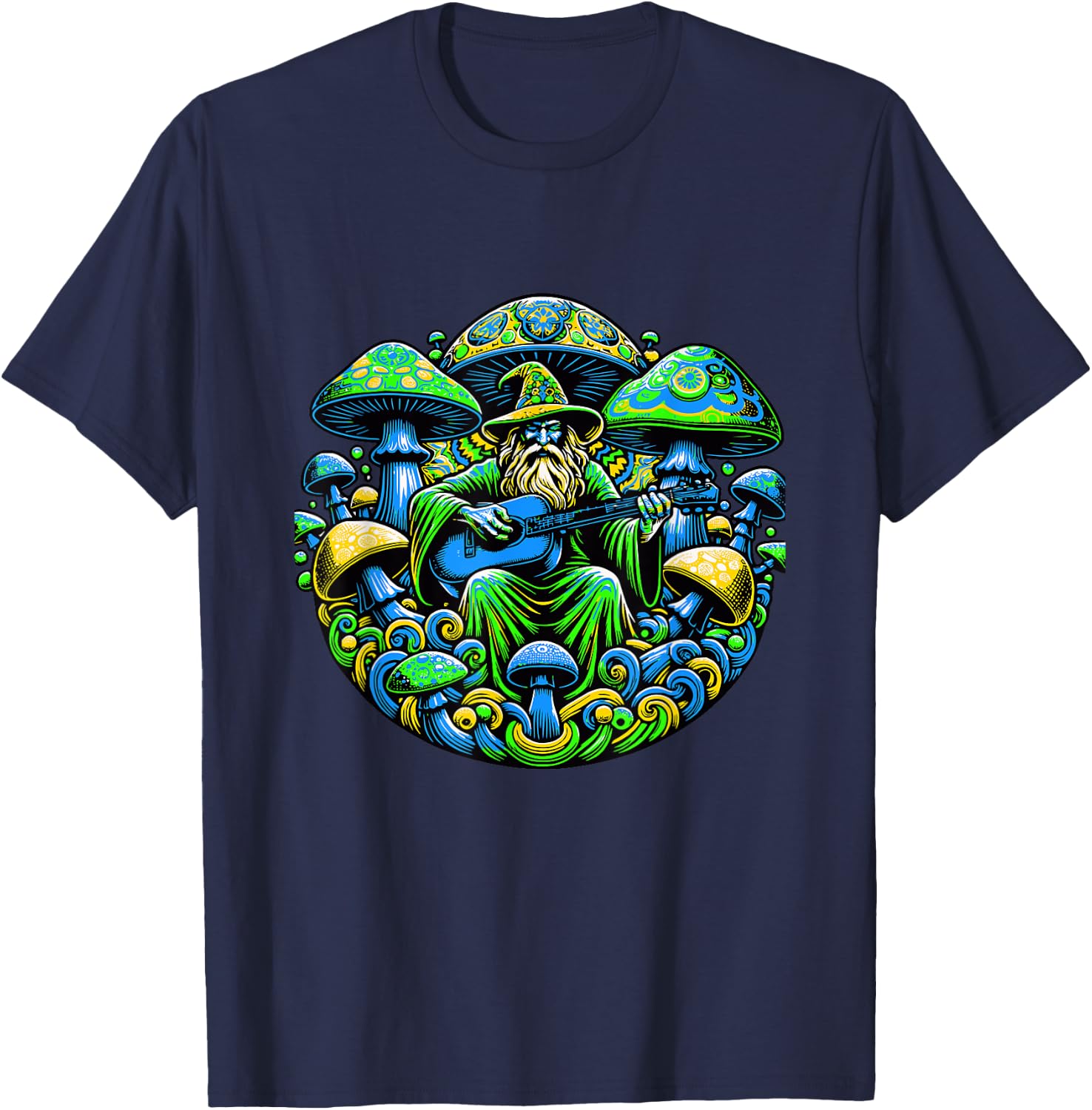 Psychedelic Trippy Rave Colourful Mushroom Guitar and Wizard T-Shirt - T-Shirt | Navy