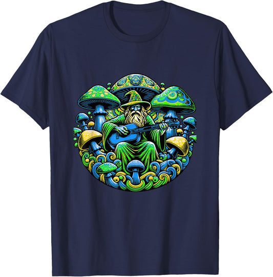 Psychedelic Trippy Rave Colourful Mushroom Guitar and Wizard T-Shirt - T-Shirt | Navy