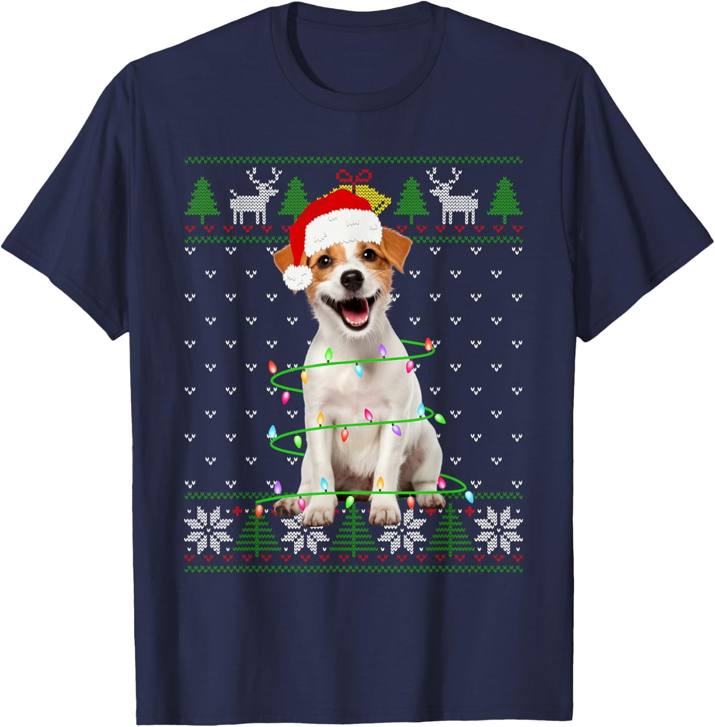 Jack Russell Terrier Dog Christmas Tree Lights Puppy Lover Men Women Kids T-Shirt - T-Shirt | Navy