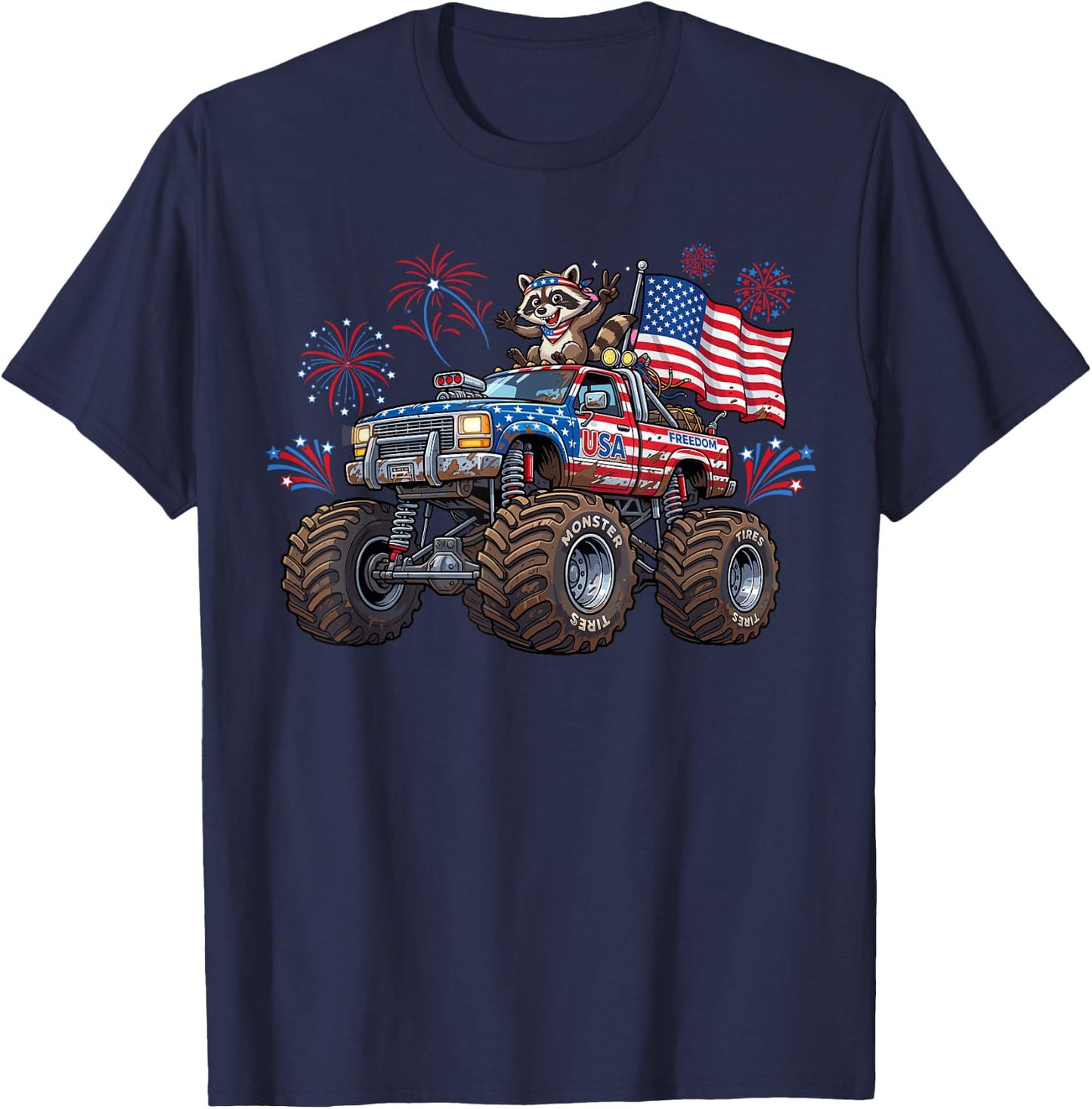 Monster Truck Raccoon USA Patriotic Shirt Men 4th of July T-Shirt - T-Shirt | Navy