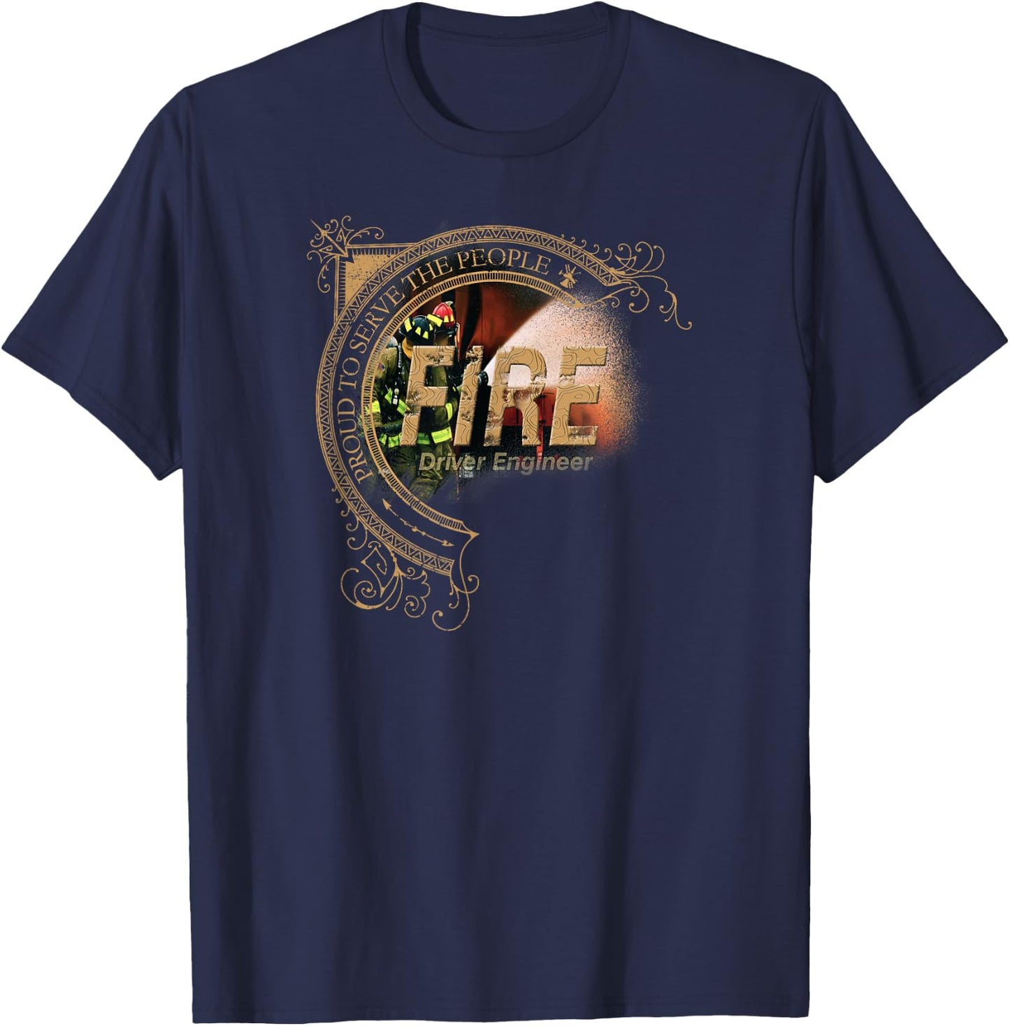 Firefighter Driver Engineer - Distressed Design T-Shirt - T-Shirt | Navy