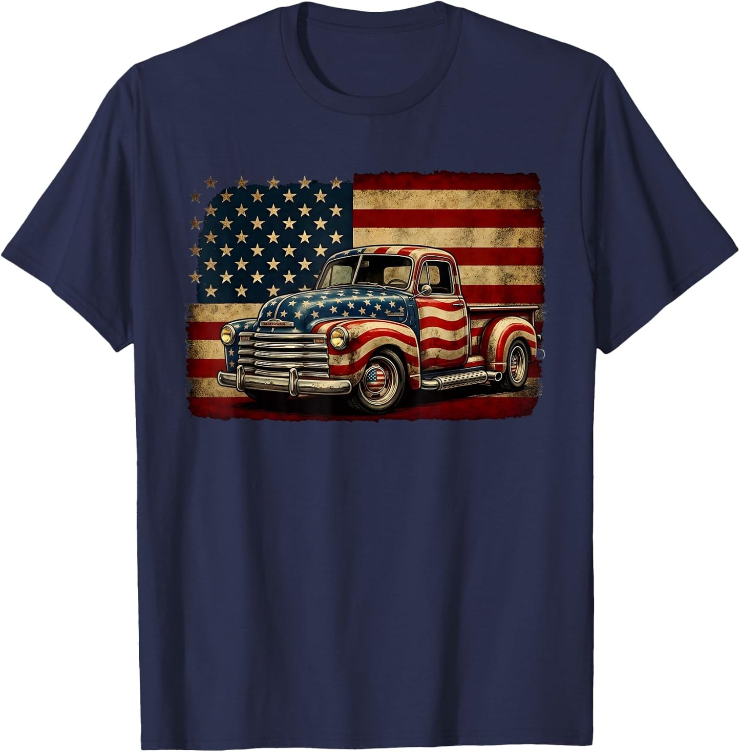 Classic Old Pickup Truck 4th of July Patriotic American Flag T-Shirt - T-Shirt | Navy