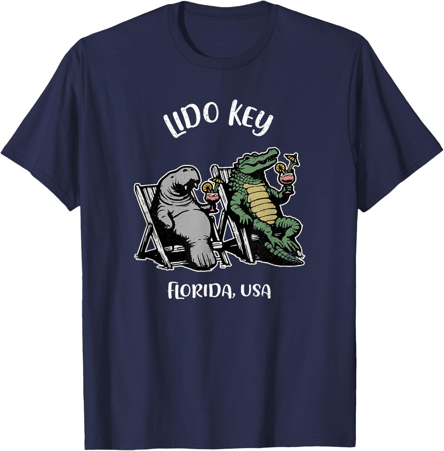Lido Key Florida USA Funny Manatee and Alligator Design T-Shirt - T-Shirt | Navy