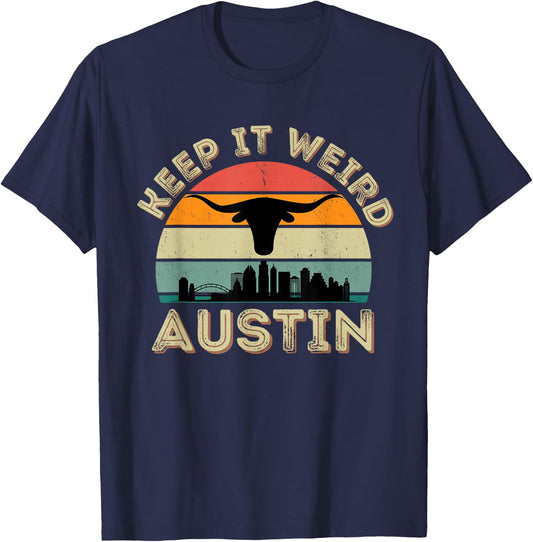 Vintage Austin, Texas Keep It Weird Longhorn Sunset Gift T-Shirt - T-Shirt | Navy