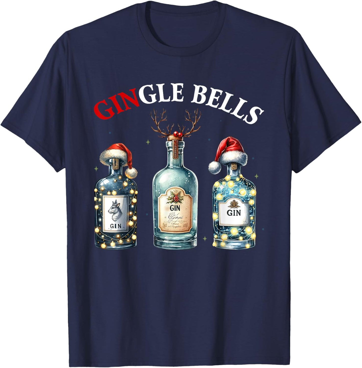 Gingle Bells Gin Christmas Lovers Reindeer Antlers Gin Drink T-Shirt - T-Shirt | Navy