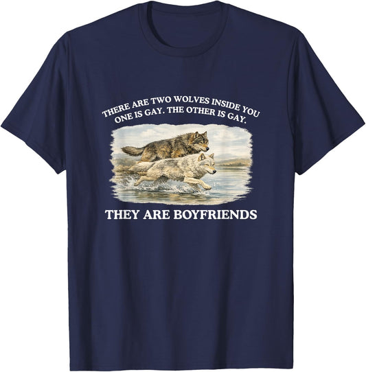 There are Two Wolves Inside You Funny Gay Pride Meme Queer T-Shirt - T-Shirt | Navy