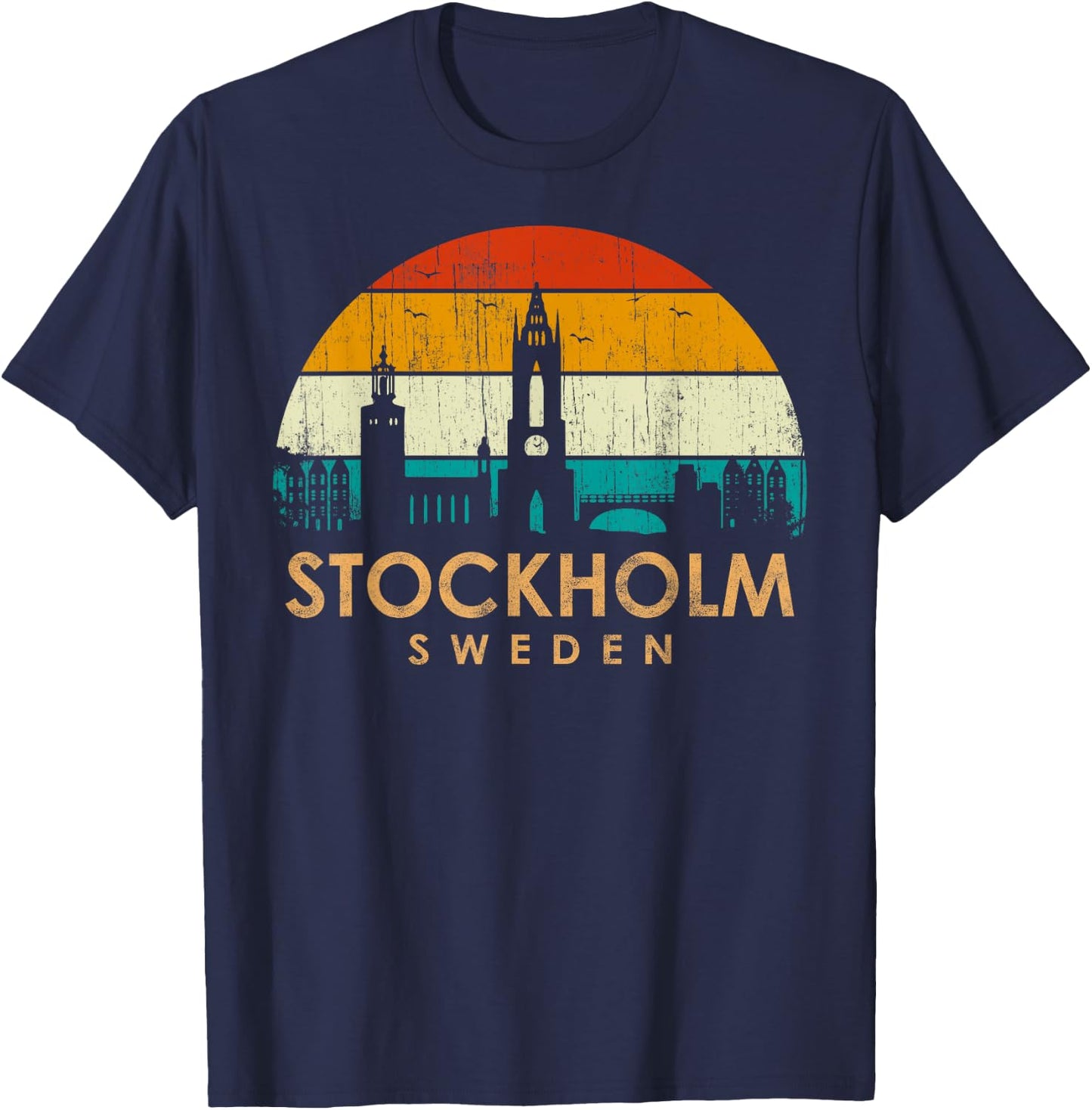 Vintage Retro Style Landscape Sun Skyline Stockholm Sweden T-Shirt - T-Shirt | Navy