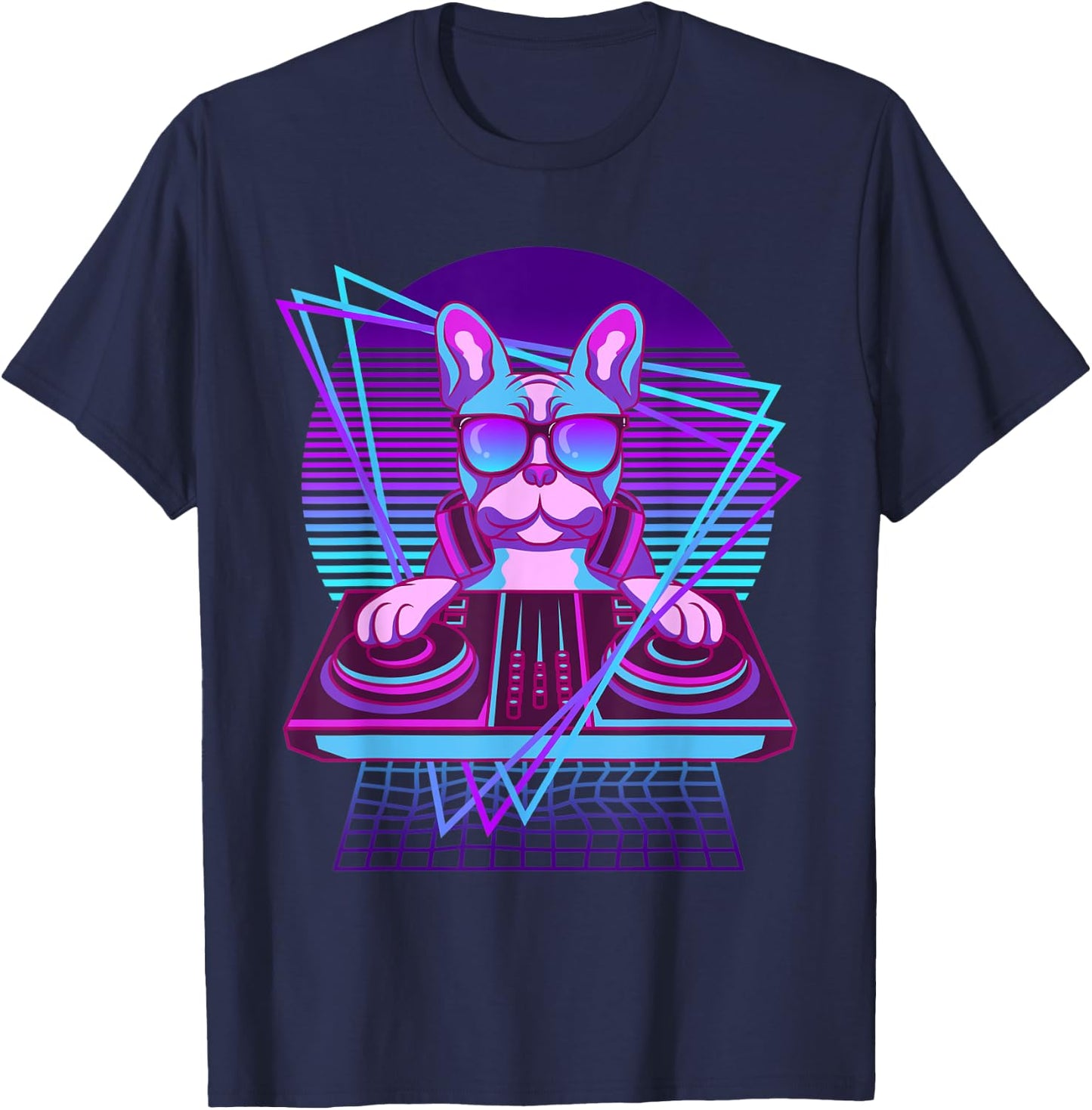 Vaporwave Bulldog DJ Turntable Sunglass French Bulldog Men Women T-Shirt - T-Shirt | Navy