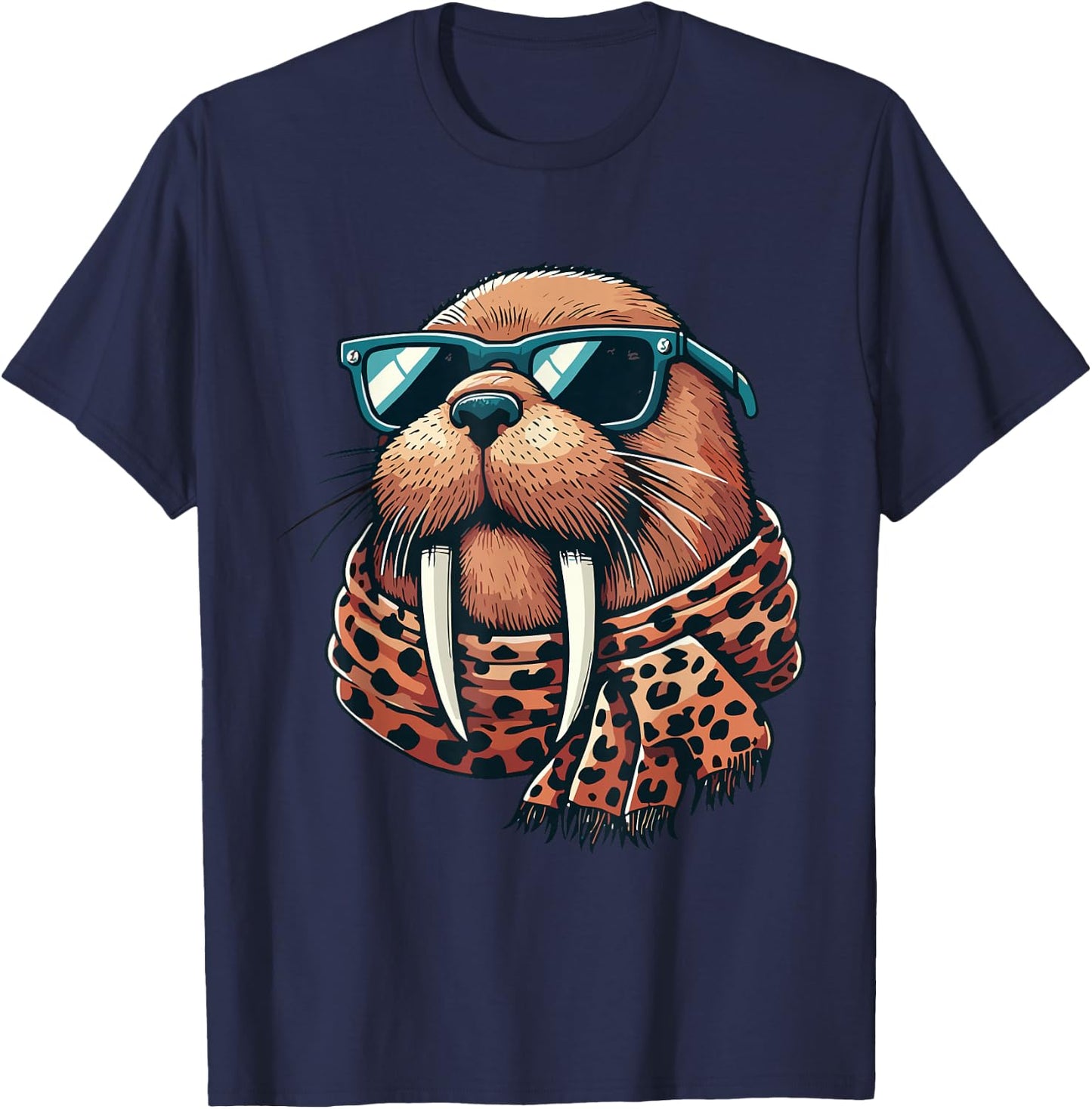 Walrus Wearing Leopard Scarf Animal Wearing Sunglasses T-Shirt - T-Shirt | Navy