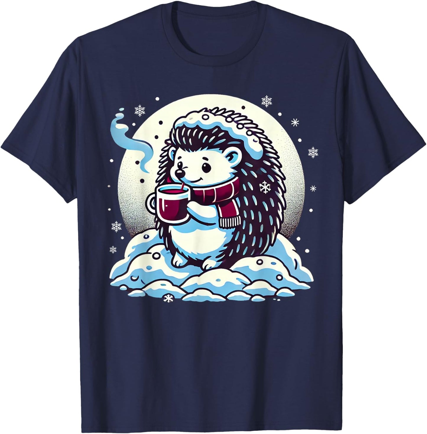 Hedgehog Enjoying Hot Chocolate In Snowy Winter T-Shirt - T-Shirt | Navy