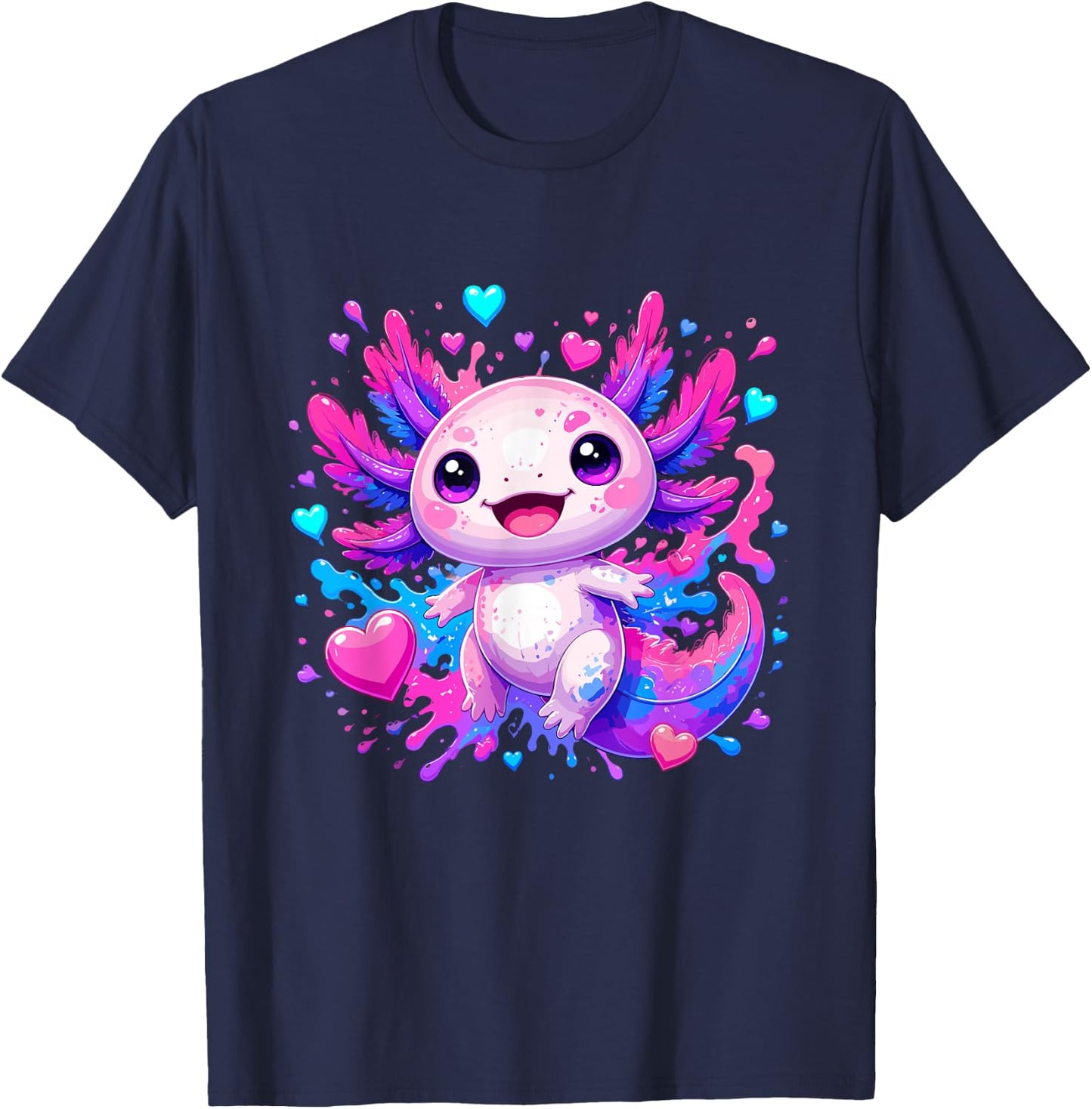 Cute Kawaii Axolotl with Colorful Hearts Splash T-Shirt - T-Shirt | Navy