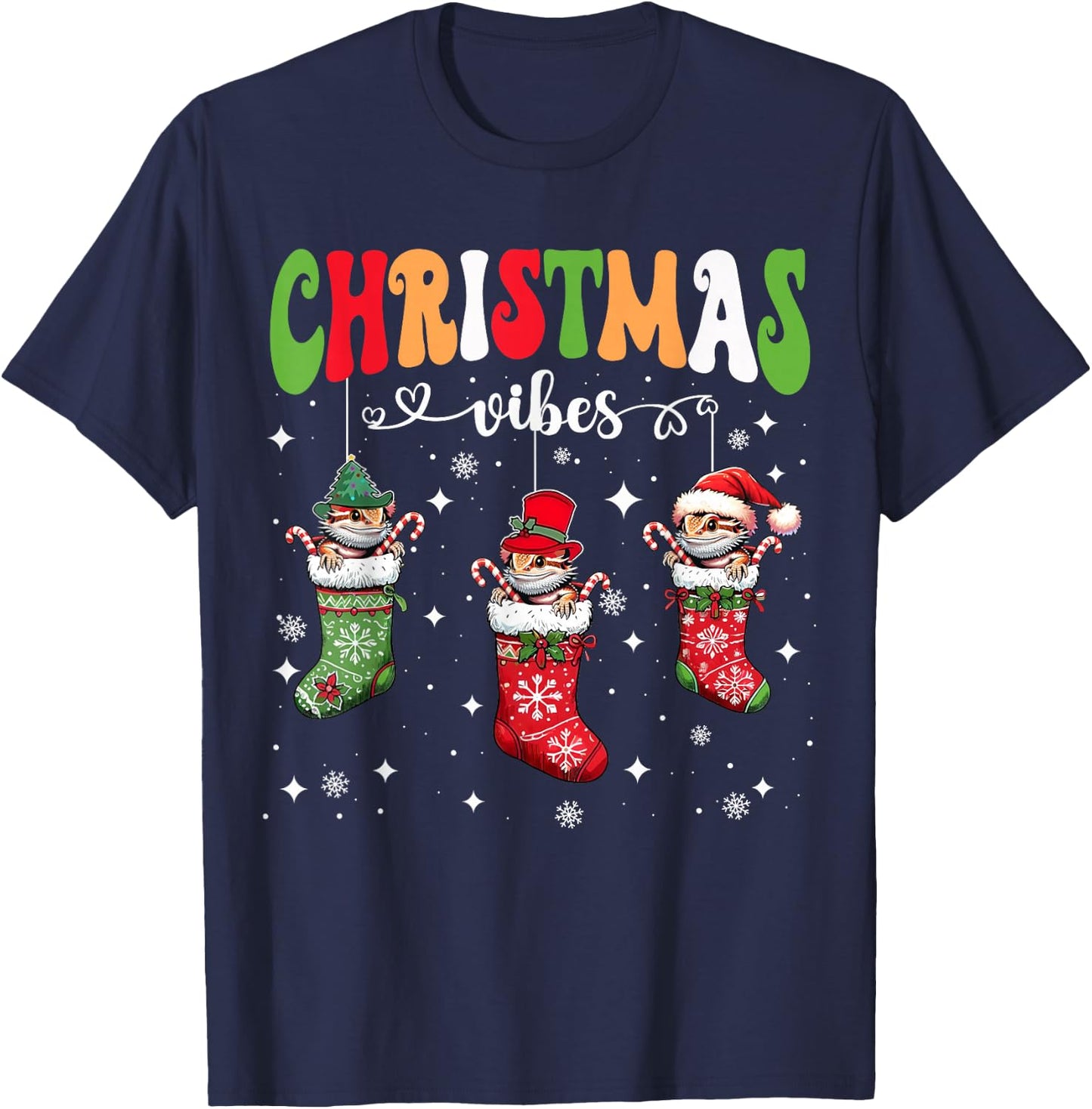 Cute Bearded Dragon In Xmas Socks Funny Christmas Lizard PJ T-Shirt - T-Shirt | Navy