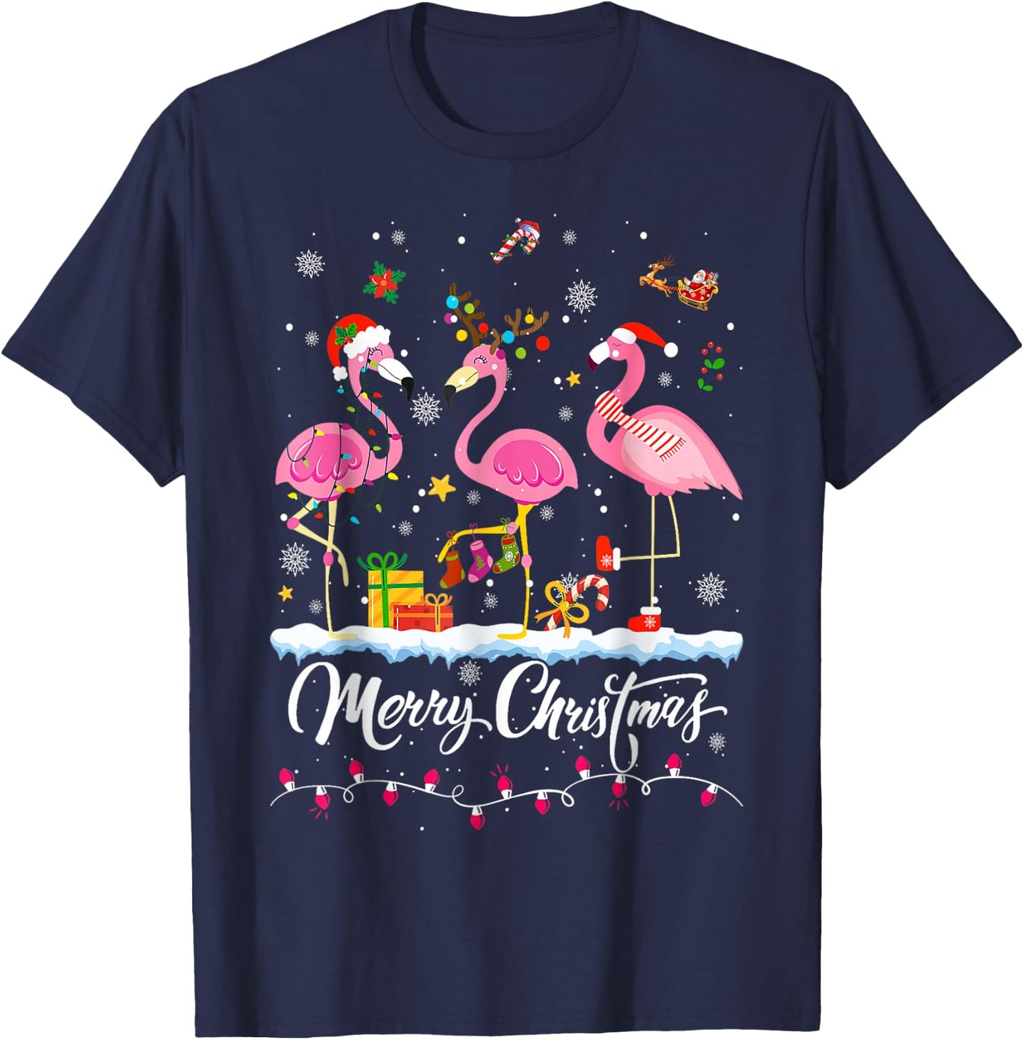 Merry Christmas Hat Santa Flamingo Light Christmas Snow T-Shirt - T-Shirt | Navy