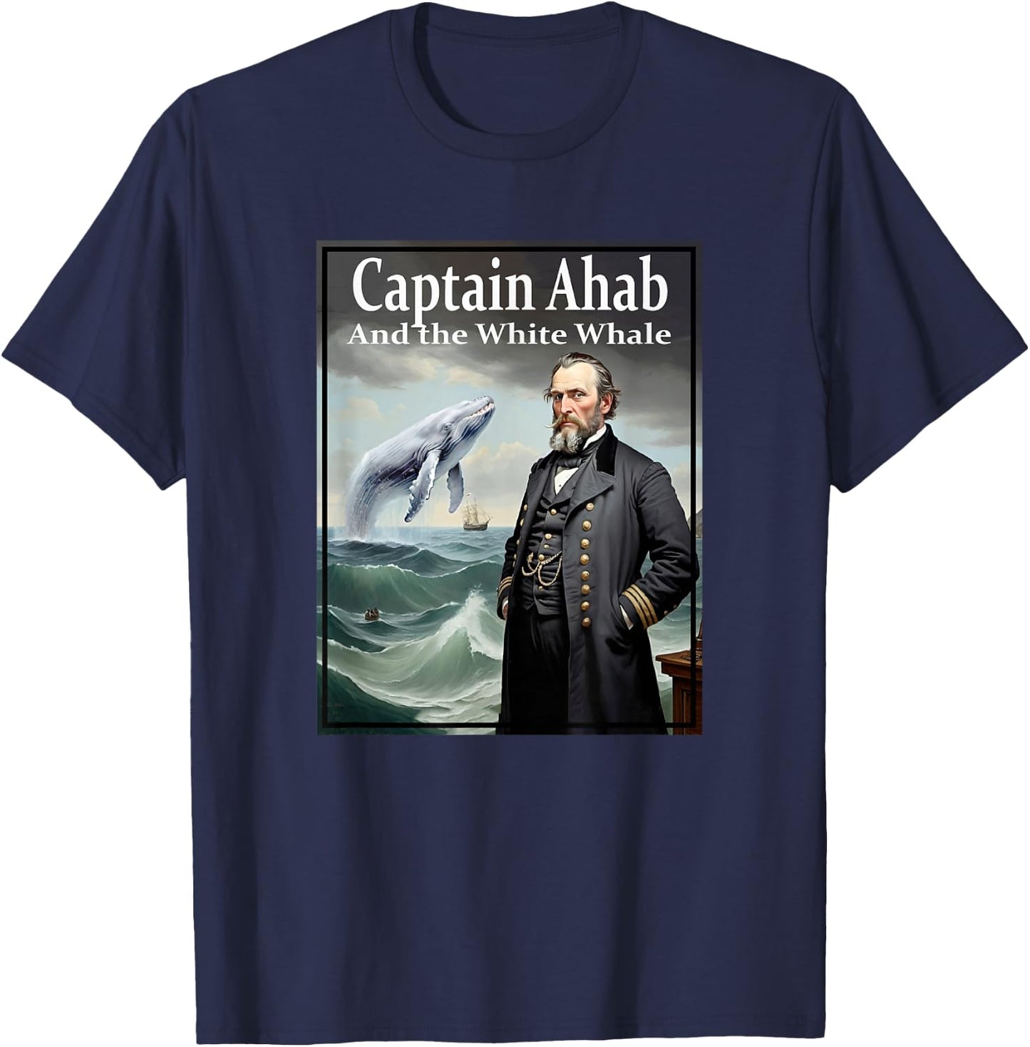 Illustration of Captain Ahab and the White Whale , Black, S T-Shirt - T-Shirt | Navy
