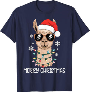 Merry Christmas Santa Llama with Holiday Lights Xmas T-Shirt - T-Shirt | Navy