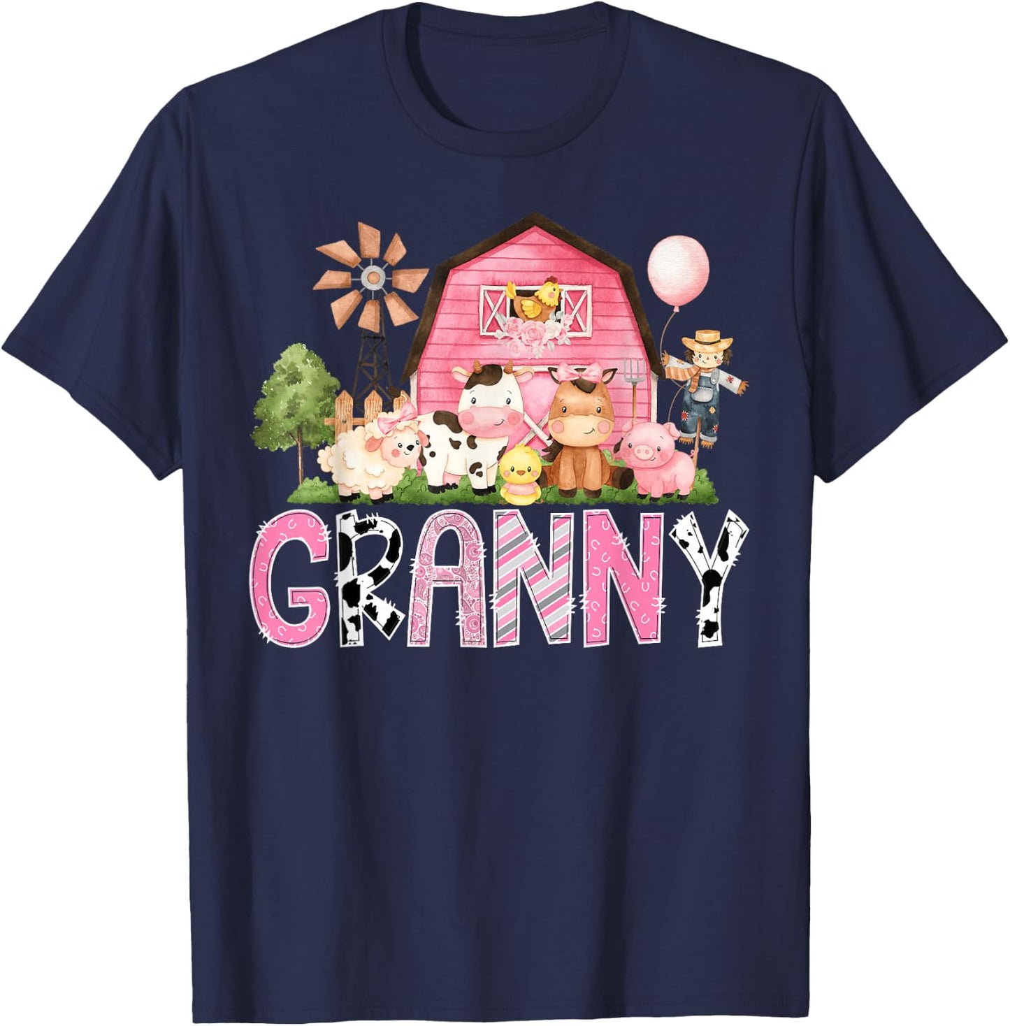 Granny Pink Farm Cow Birthday Girl Matching Family T-Shirt - T-Shirt | Navy
