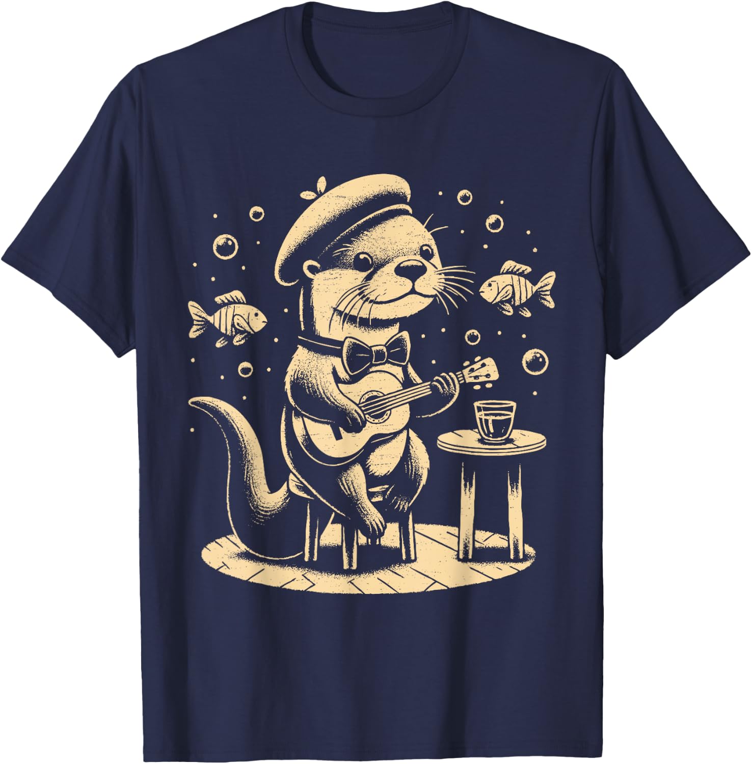 Funny otter playing guitar jazz animal music amateur otter , Black, S T-Shirt - T-Shirt | Navy