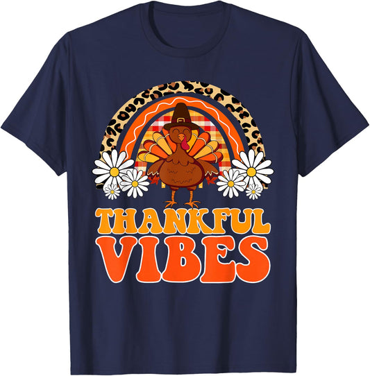 Thankful Vibes Turkey Rainbow Funny Retro Thanksgiving Women T-Shirt - T-Shirt | Navy