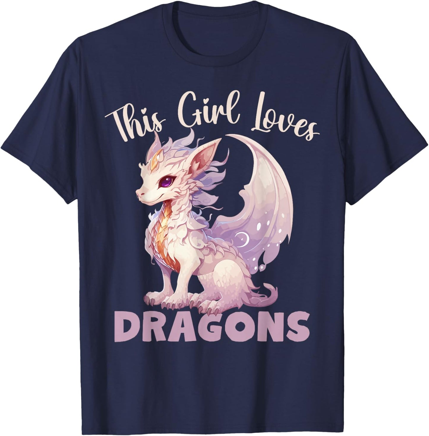This Girl Loves Dragon for Girls in Pink and Purple , Black, S T-Shirt - T-Shirt | Navy
