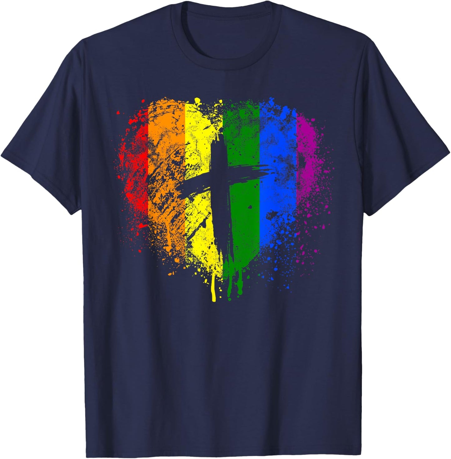 Rainbow Heart with Cross, Christian Religious Gay Pride T-Shirt - T-Shirt | Navy
