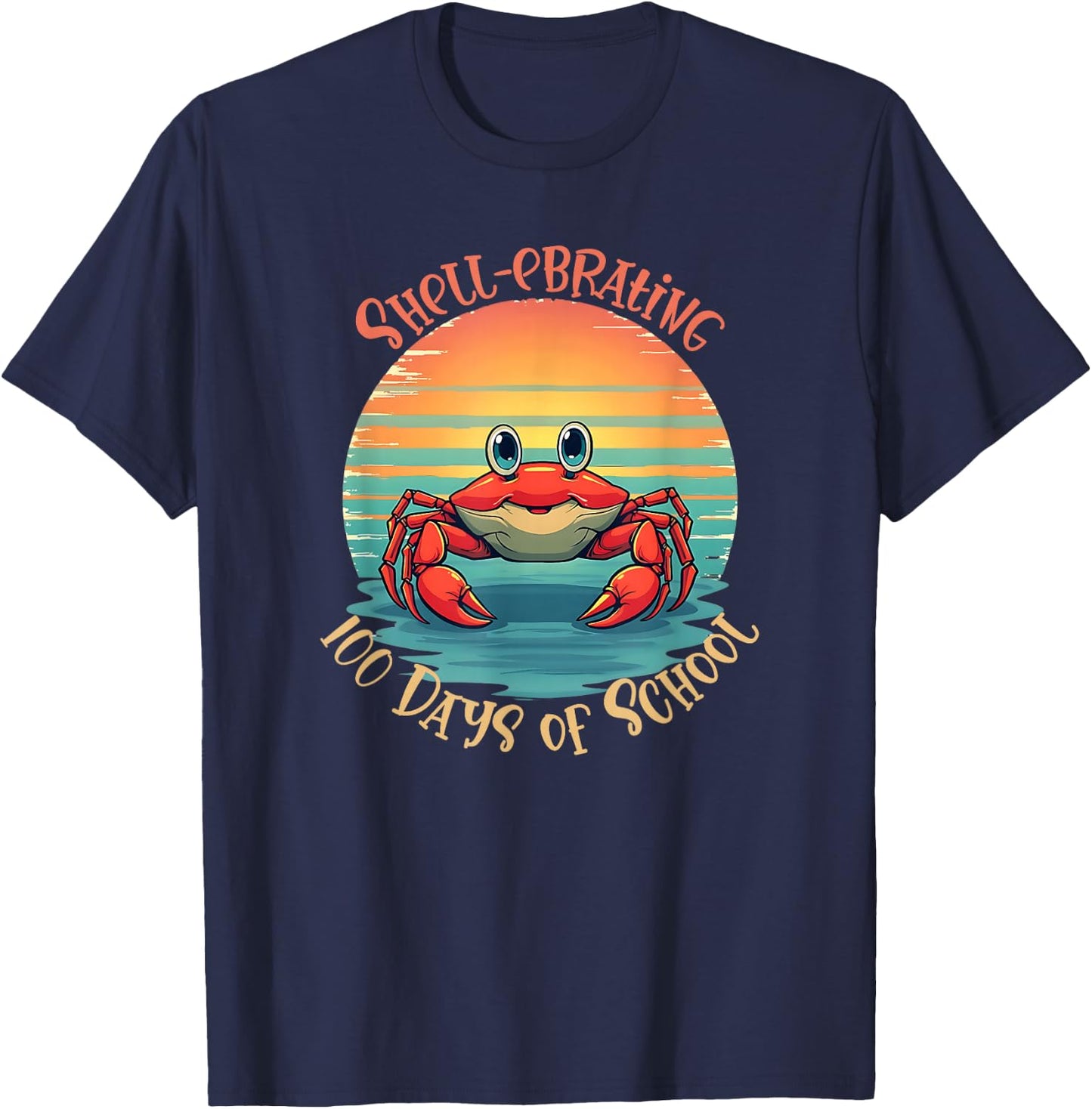 Retro 100 Days of School Crab Vintage Sunset Design T-Shirt - T-Shirt | Navy