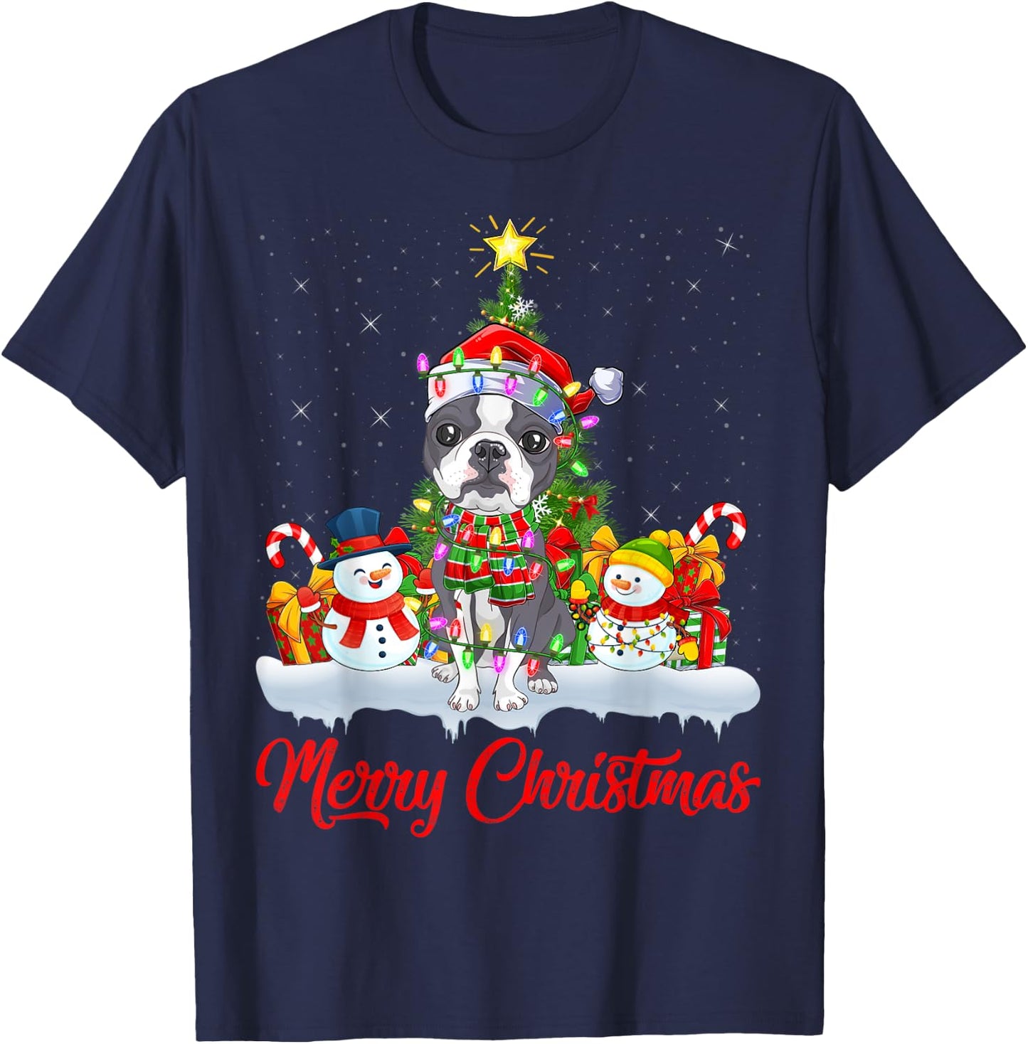 Rat Terrier Dog Xmas Tree Lights Santa Rat Terrier Christmas T-Shirt - T-Shirt | Navy