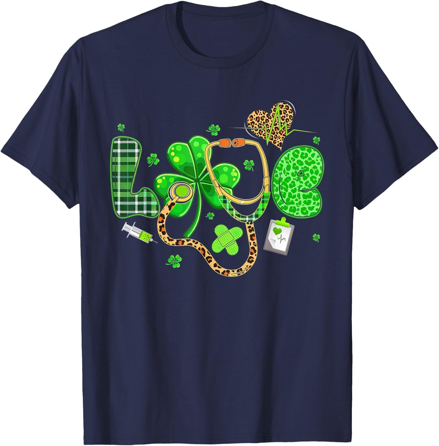 LOVE Nurse Leopard Stethoscope Shamrock St Patricks Day T-Shirt - T-Shirt | Navy