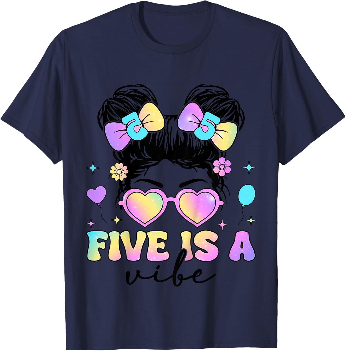 Five Is A Vibe 5th Birthday Messy Bun 5 Year Old Girl T-Shirt - T-Shirt | Navy
