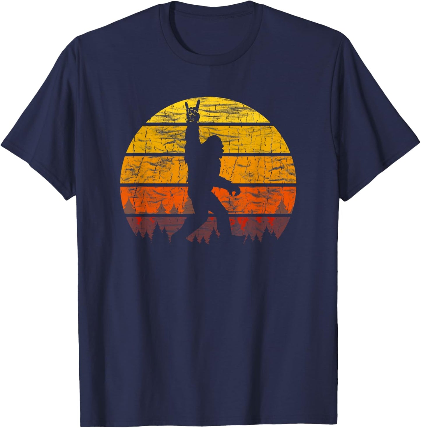 Retro Bigfoot Rock On Silhouette Sunset Believe 80s Graphic T-Shirt - T-Shirt | Navy
