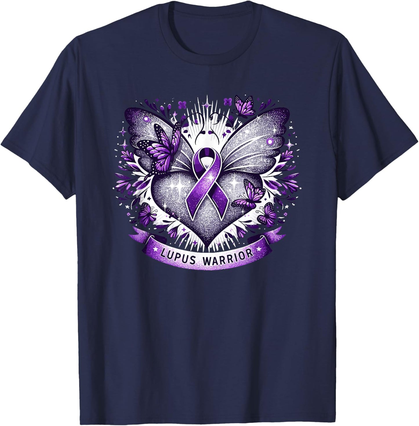 Lupus Awareness Warrior Survivor Butterfly Purple Heart , Black, S T-Shirt - T-Shirt | Navy