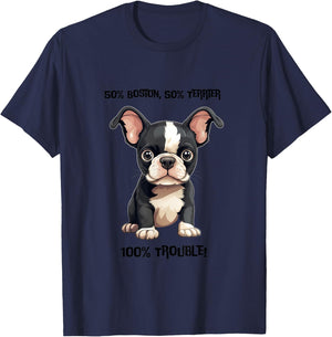 100% Trouble" Boston Terrier Puppy Design T-Shirt - T-Shirt | Navy