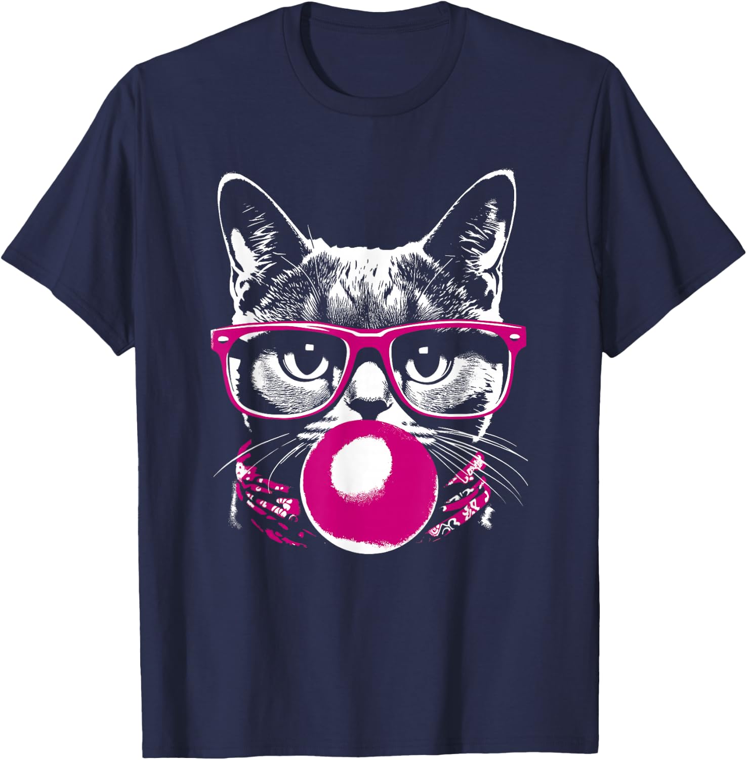 Cat in Pink Glasses Pink Bubble Men Women Kids Funny Cat T-Shirt - T-Shirt | Navy